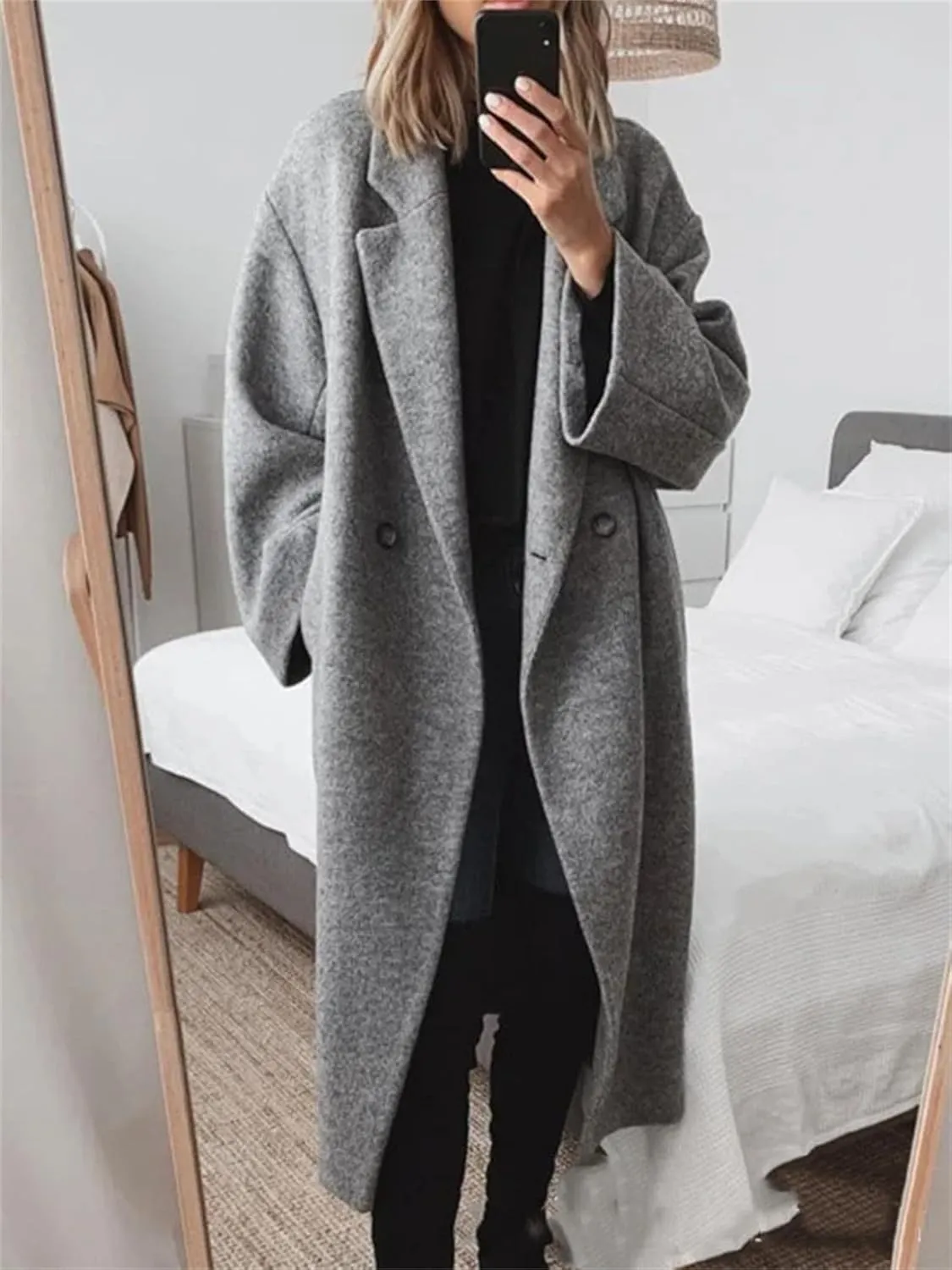 Women's Double Breasted Wool Coat Oversized Jacket Notch Lapel Wool Blend Mid Long Pea Trench Coat Winter Overcoat