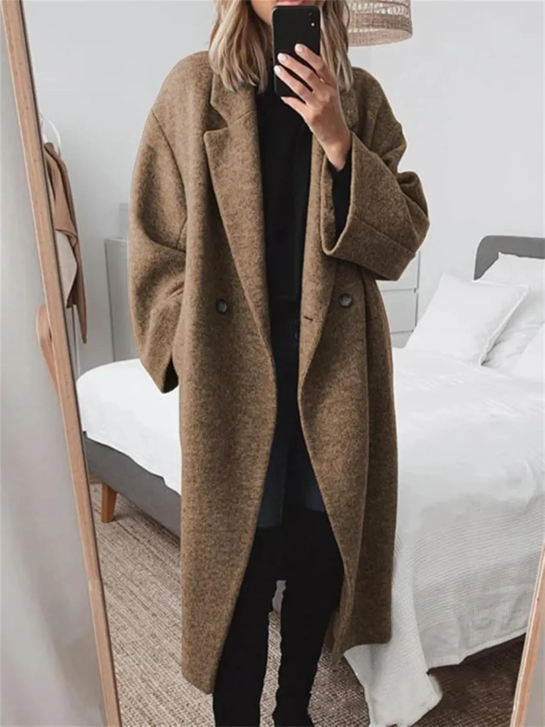 Women's Double Breasted Wool Coat Oversized Jacket Notch Lapel Wool Blend Mid Long Pea Trench Coat Winter Overcoat