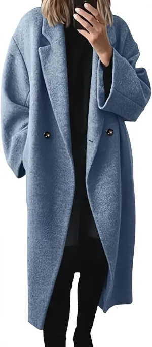 Women's Double Breasted Wool Coat Oversized Jacket Notch Lapel Wool Blend Mid Long Pea Trench Coat Winter Overcoat