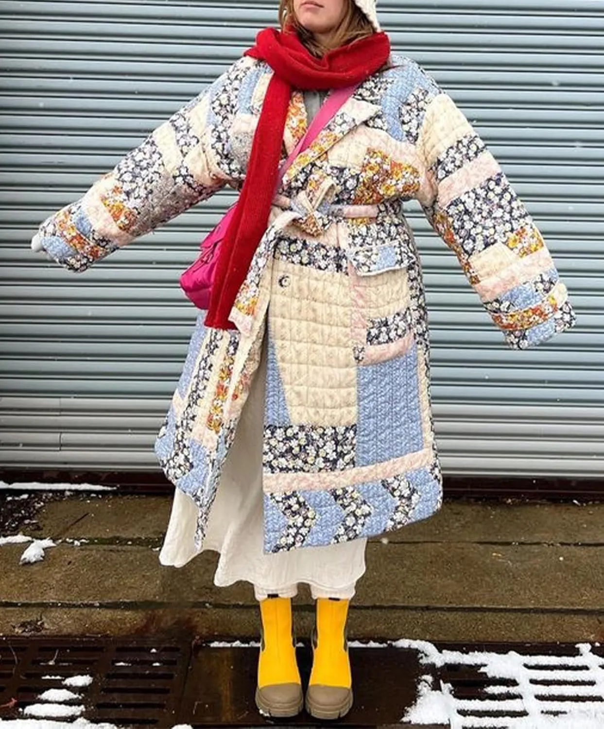 Womens Floral Puffer Jacket Lightweight Long Quilted Down Coats Winter Padded Outwear with Belt