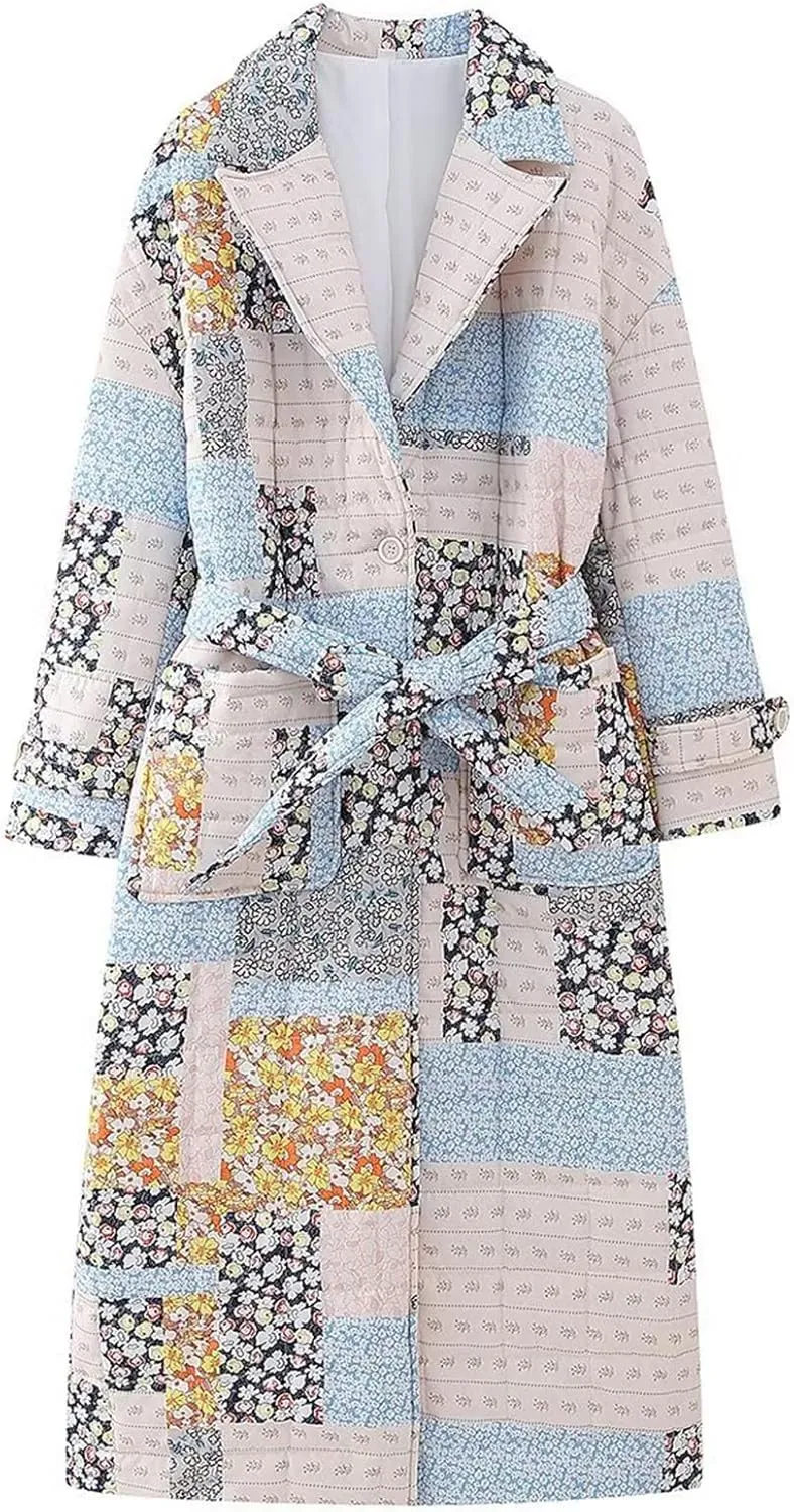 Womens Floral Puffer Jacket Lightweight Long Quilted Down Coats Winter Padded Outwear with Belt
