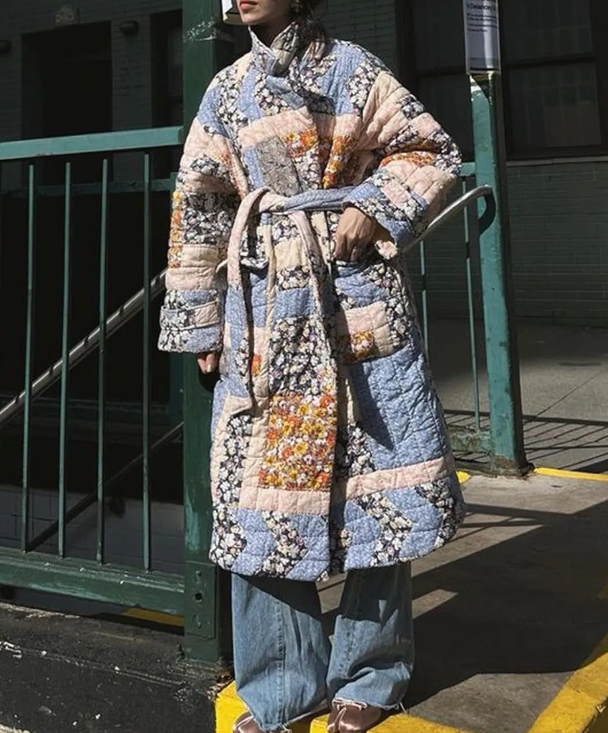 Womens Floral Puffer Jacket Lightweight Long Quilted Down Coats Winter Padded Outwear with Belt