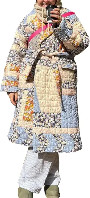 Womens Floral Puffer Jacket Lightweight Long Quilted Down Coats Winter Padded Outwear with Belt