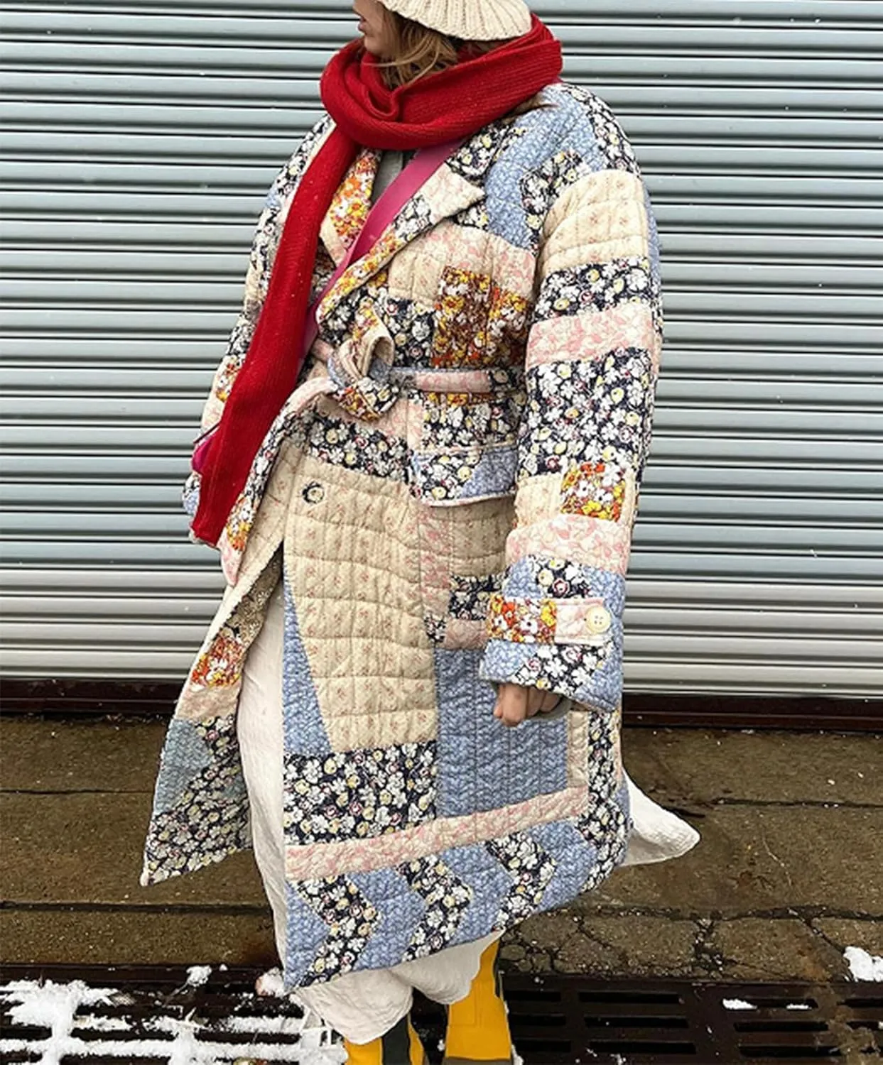 Womens Floral Puffer Jacket Lightweight Long Quilted Down Coats Winter Padded Outwear with Belt