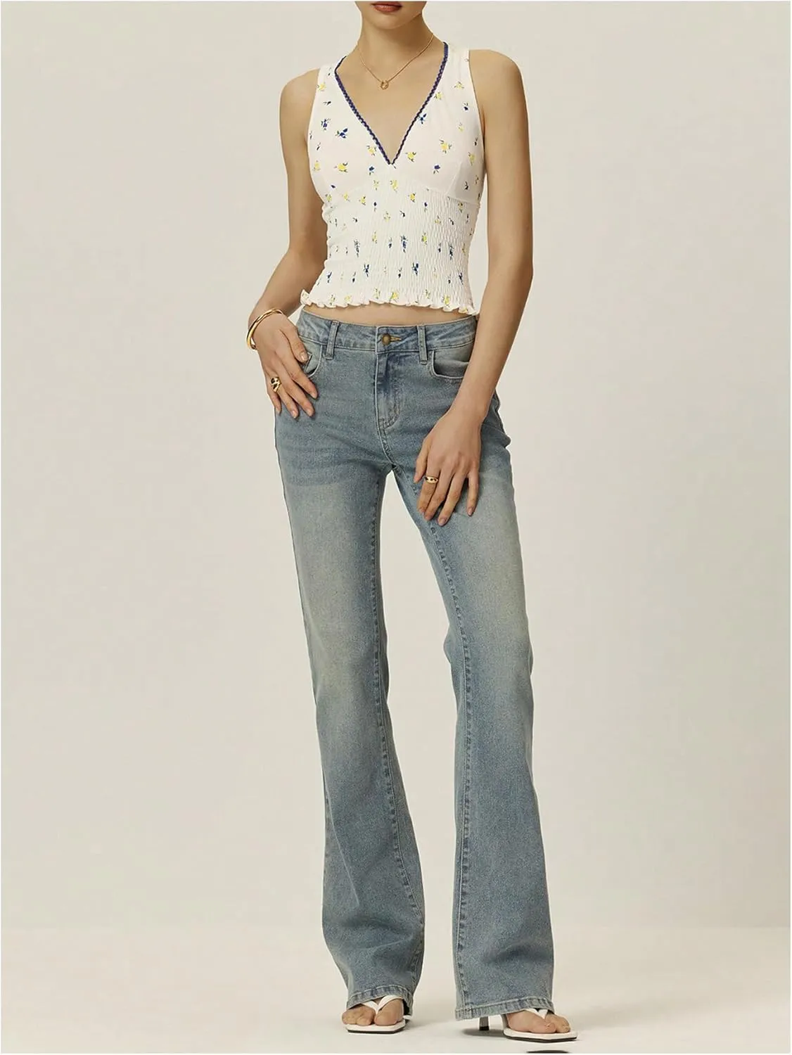 Women's Floral Tank Top Y2k Shirred V Neck Sleeveless Crop Tops Streetwear