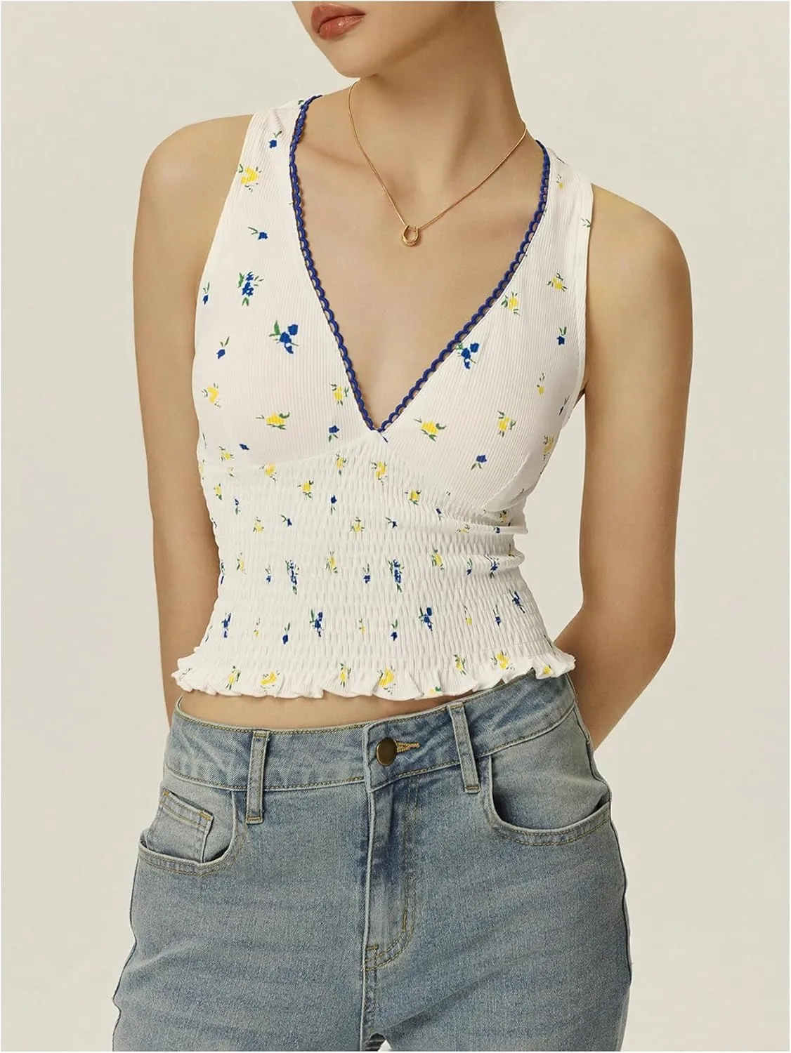 Women's Floral Tank Top Y2k Shirred V Neck Sleeveless Crop Tops Streetwear