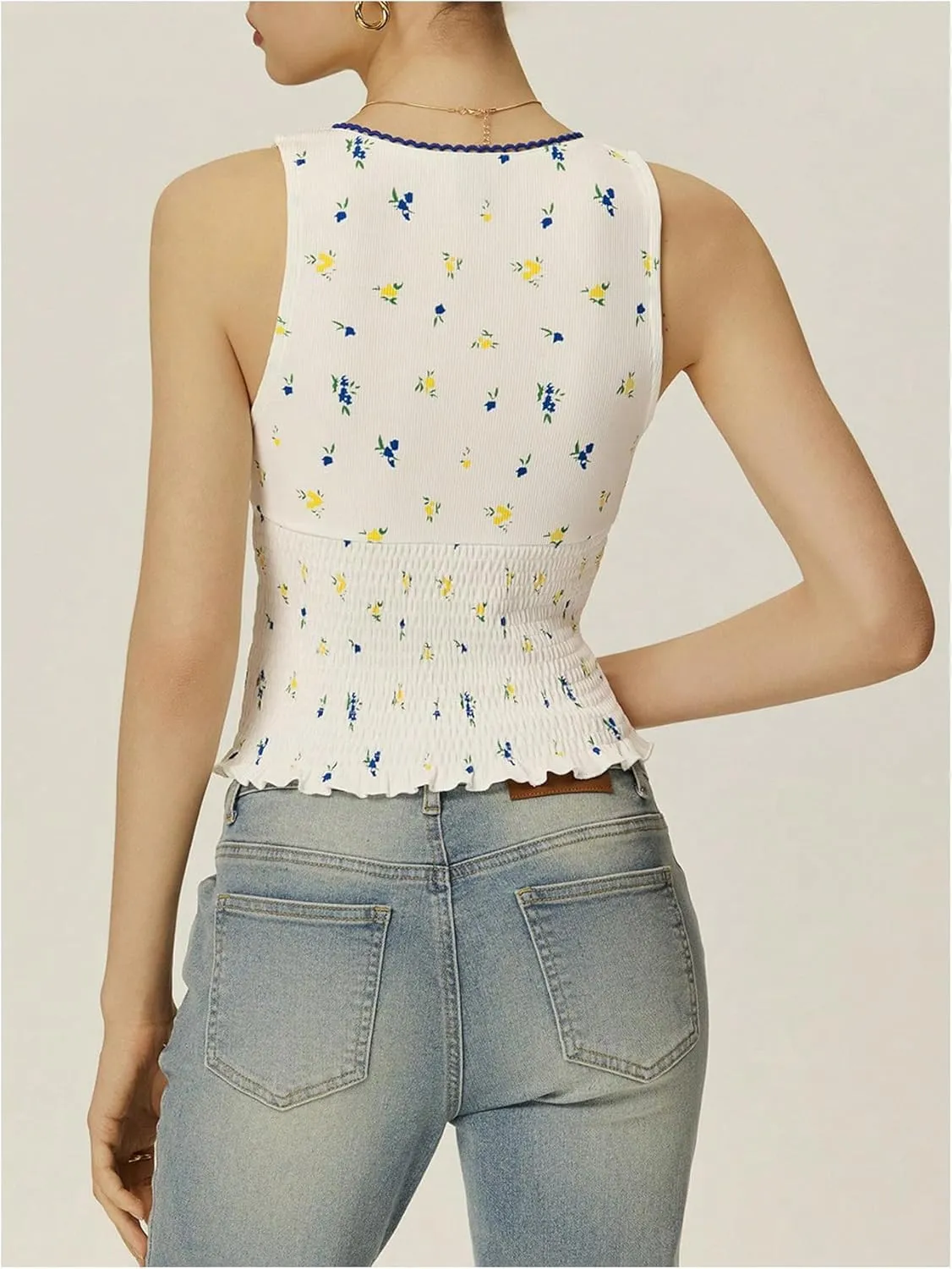 Women's Floral Tank Top Y2k Shirred V Neck Sleeveless Crop Tops Streetwear