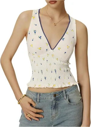 Women's Floral Tank Top Y2k Shirred V Neck Sleeveless Crop Tops Streetwear