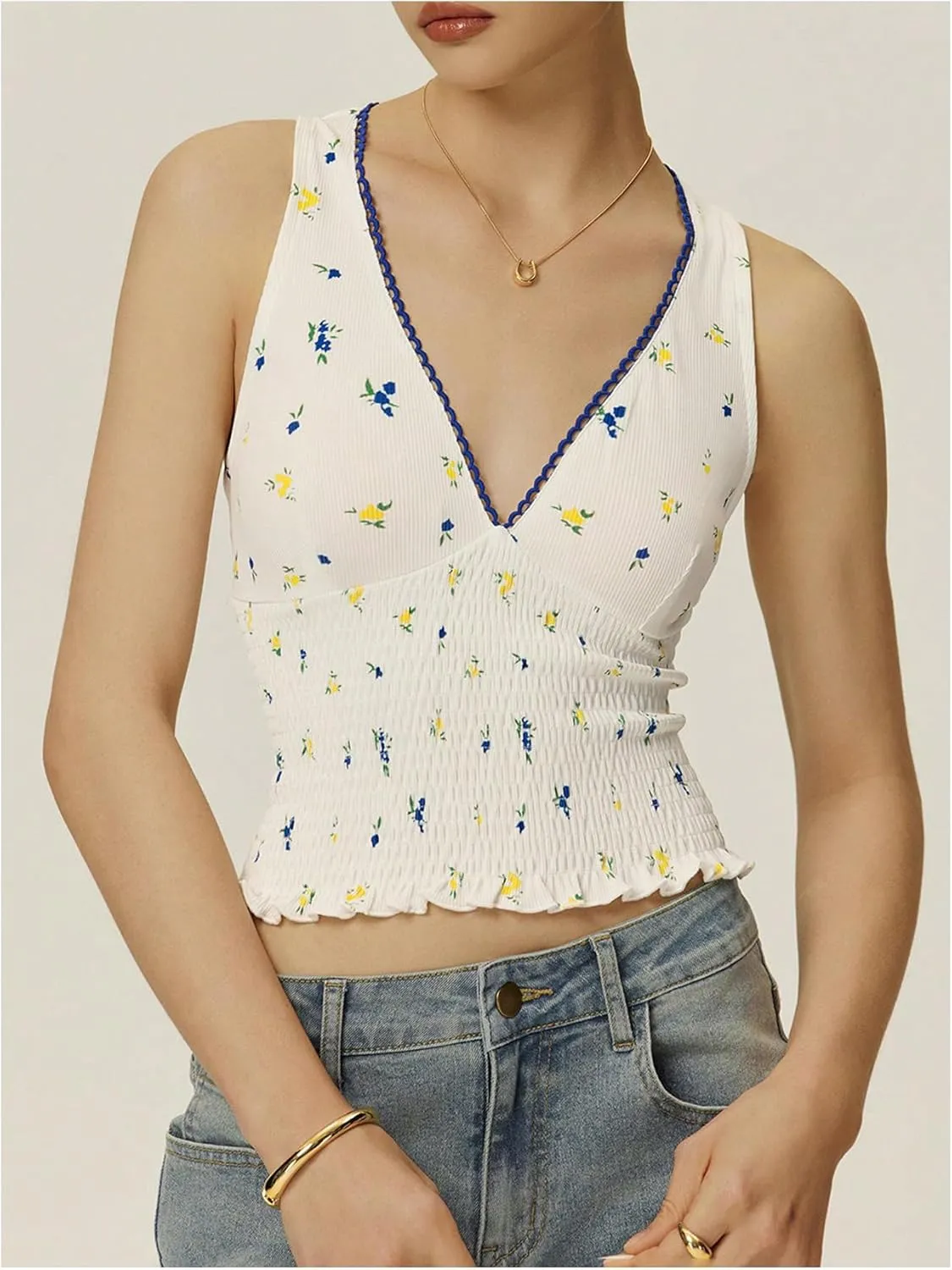 Women's Floral Tank Top Y2k Shirred V Neck Sleeveless Crop Tops Streetwear