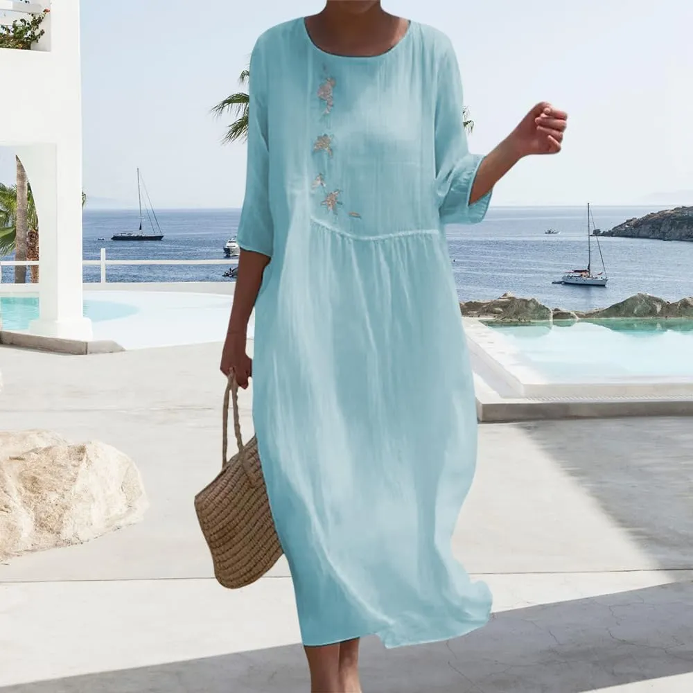 Womens Flowy Floral Embroidery Cotton Linen Maxi Dresses Summer Elegant Solid Beach Vacation Casual Long Dress