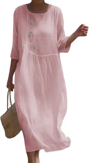 Womens Flowy Floral Embroidery Cotton Linen Maxi Dresses Summer Elegant Solid Beach Vacation Casual Long Dress