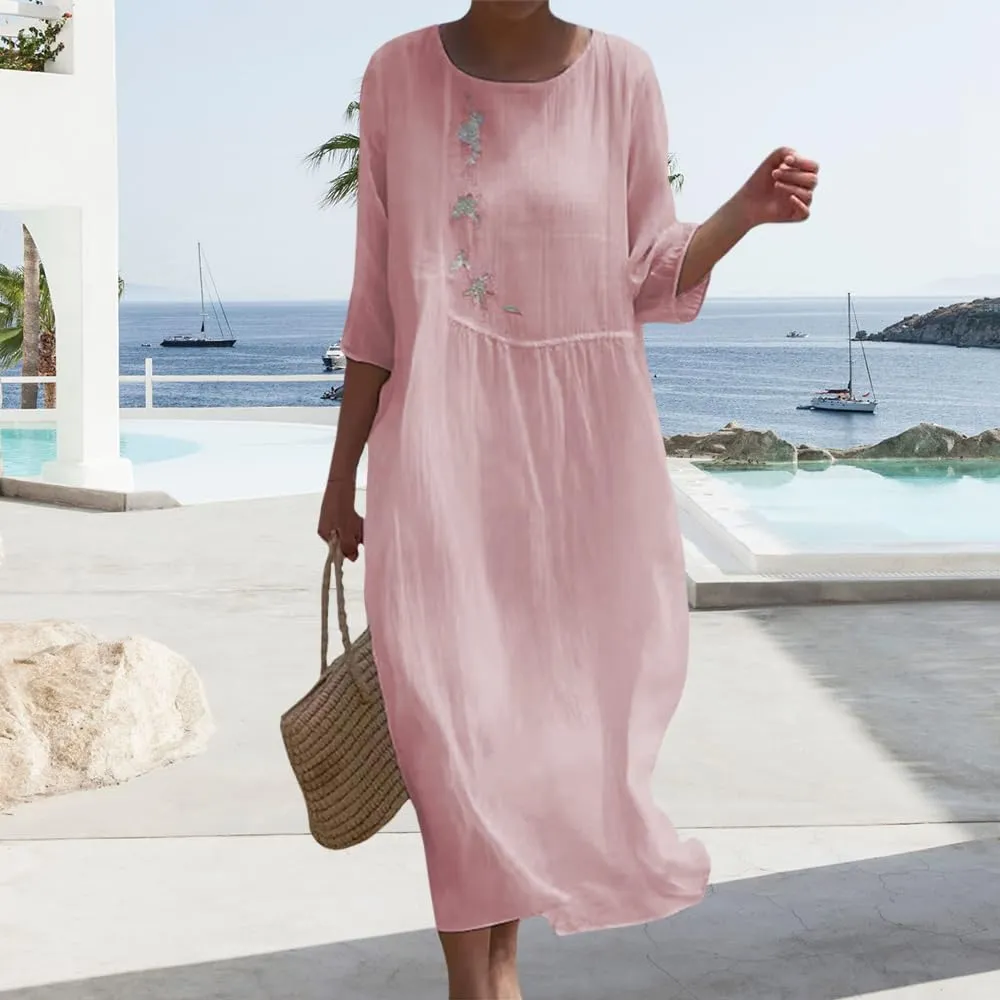Womens Flowy Floral Embroidery Cotton Linen Maxi Dresses Summer Elegant Solid Beach Vacation Casual Long Dress