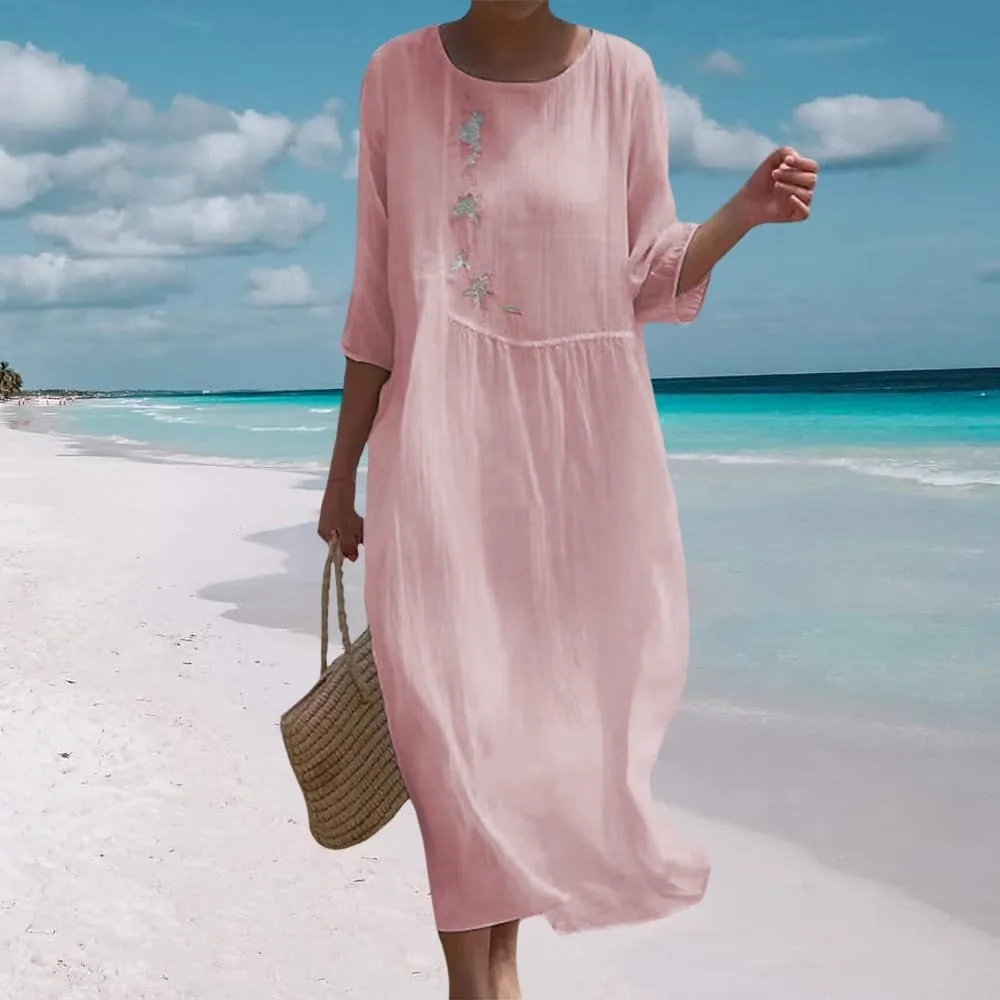 Womens Flowy Floral Embroidery Cotton Linen Maxi Dresses Summer Elegant Solid Beach Vacation Casual Long Dress