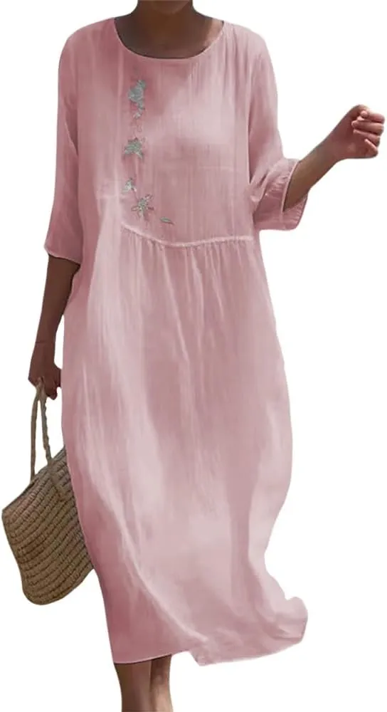 Womens Flowy Floral Embroidery Cotton Linen Maxi Dresses Summer Elegant Solid Beach Vacation Casual Long Dress