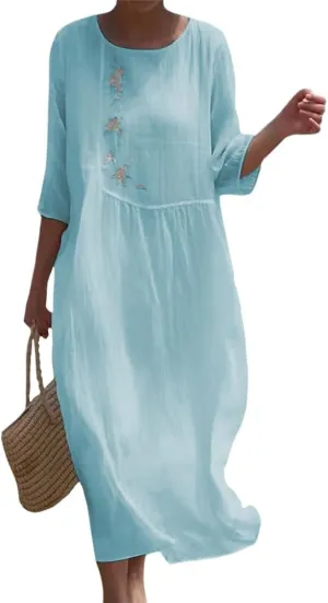 Womens Flowy Floral Embroidery Cotton Linen Maxi Dresses Summer Elegant Solid Beach Vacation Casual Long Dress