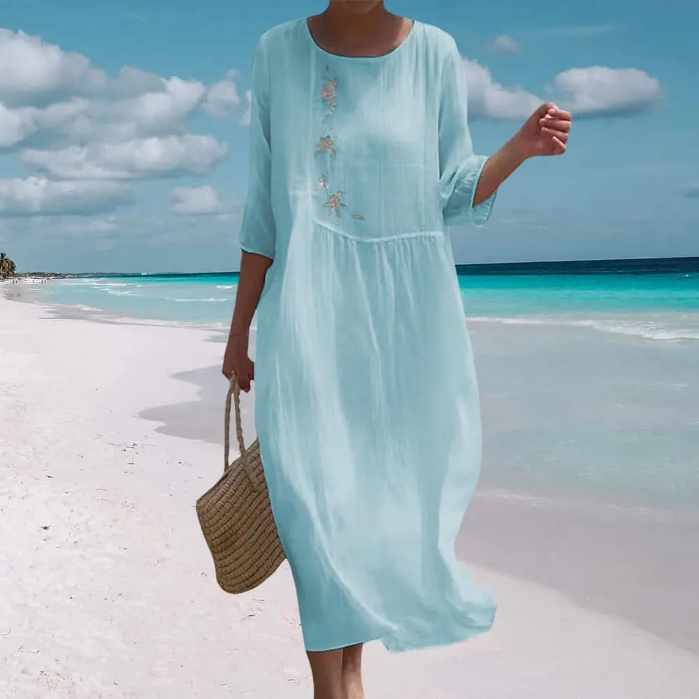 Womens Flowy Floral Embroidery Cotton Linen Maxi Dresses Summer Elegant Solid Beach Vacation Casual Long Dress