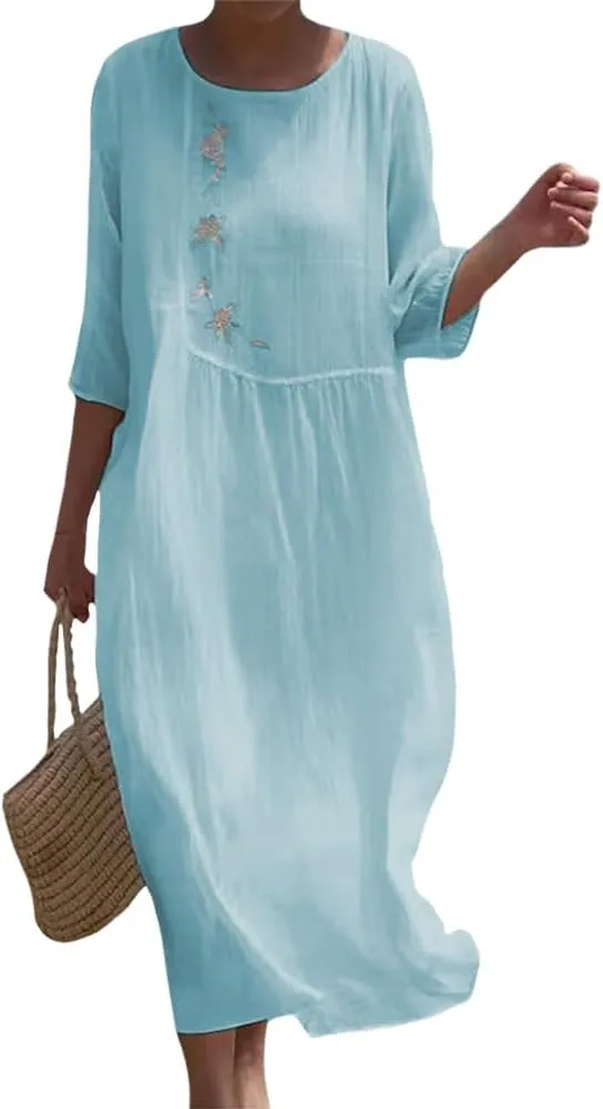 Womens Flowy Floral Embroidery Cotton Linen Maxi Dresses Summer Elegant Solid Beach Vacation Casual Long Dress