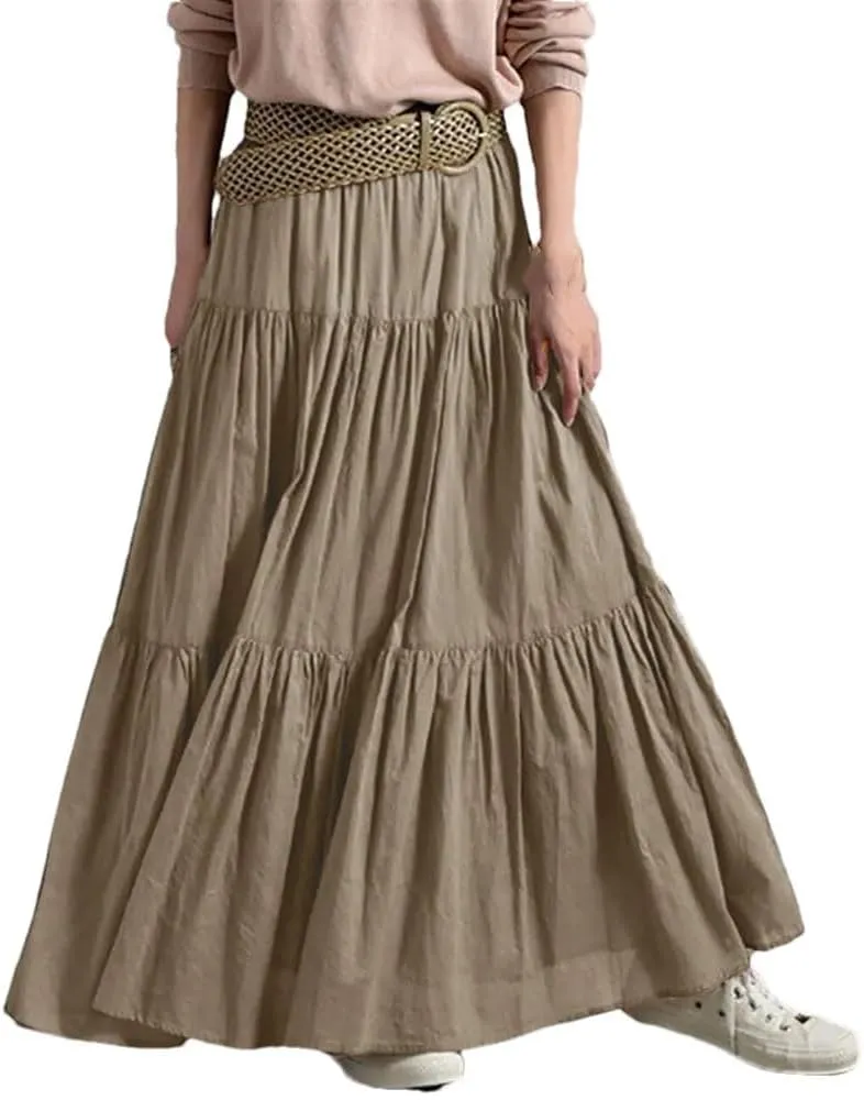 Womens High Waist A Line Flowy Maxi Skirts Bohemian Swing Beach Skirt Layered Ruffle Pleated Long Dress