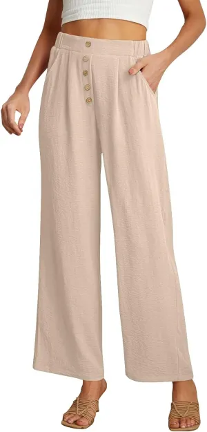 Womens High Waisted Button Front Pants Stylish Straight Wide-Leg Office Relax Linen Trousers Beach Flowy Casual Pants