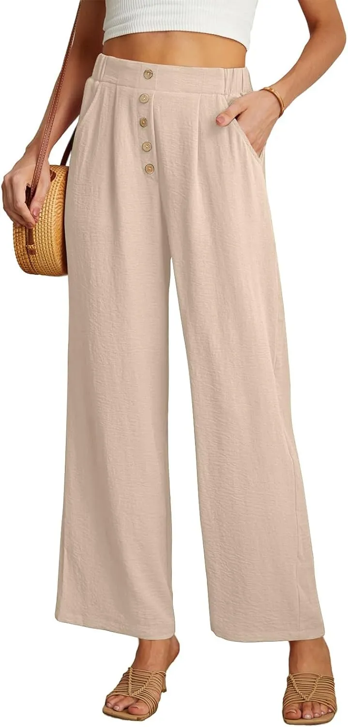 Womens High Waisted Button Front Pants Stylish Straight Wide-Leg Office Relax Linen Trousers Beach Flowy Casual Pants