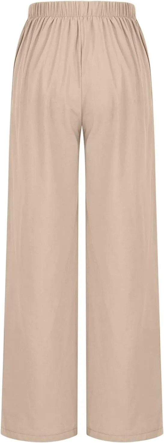 Womens High Waisted Button Front Pants Stylish Straight Wide-Leg Office Relax Linen Trousers Beach Flowy Casual Pants