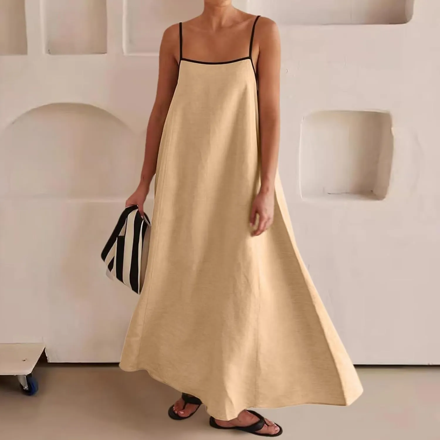 Womens Linen Maxi Dress Contrast Trim Spaghetti Straps Summer Outfits Travel Vacation Sleeveless Long Dresses
