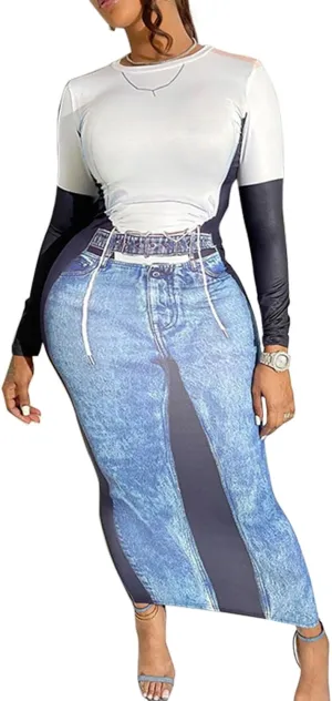 Women's Long Bodycon Dresses Colorblock Print Round Neck Long Sleeve High Waist Maxi Dress