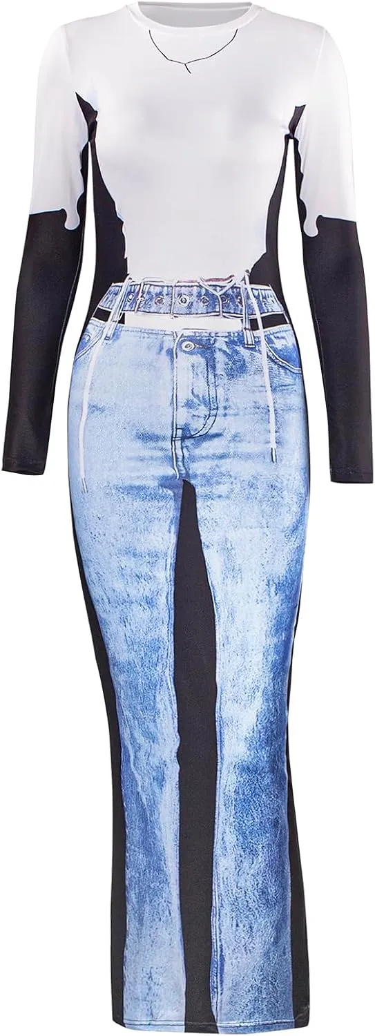 Women's Long Bodycon Dresses Colorblock Print Round Neck Long Sleeve High Waist Maxi Dress