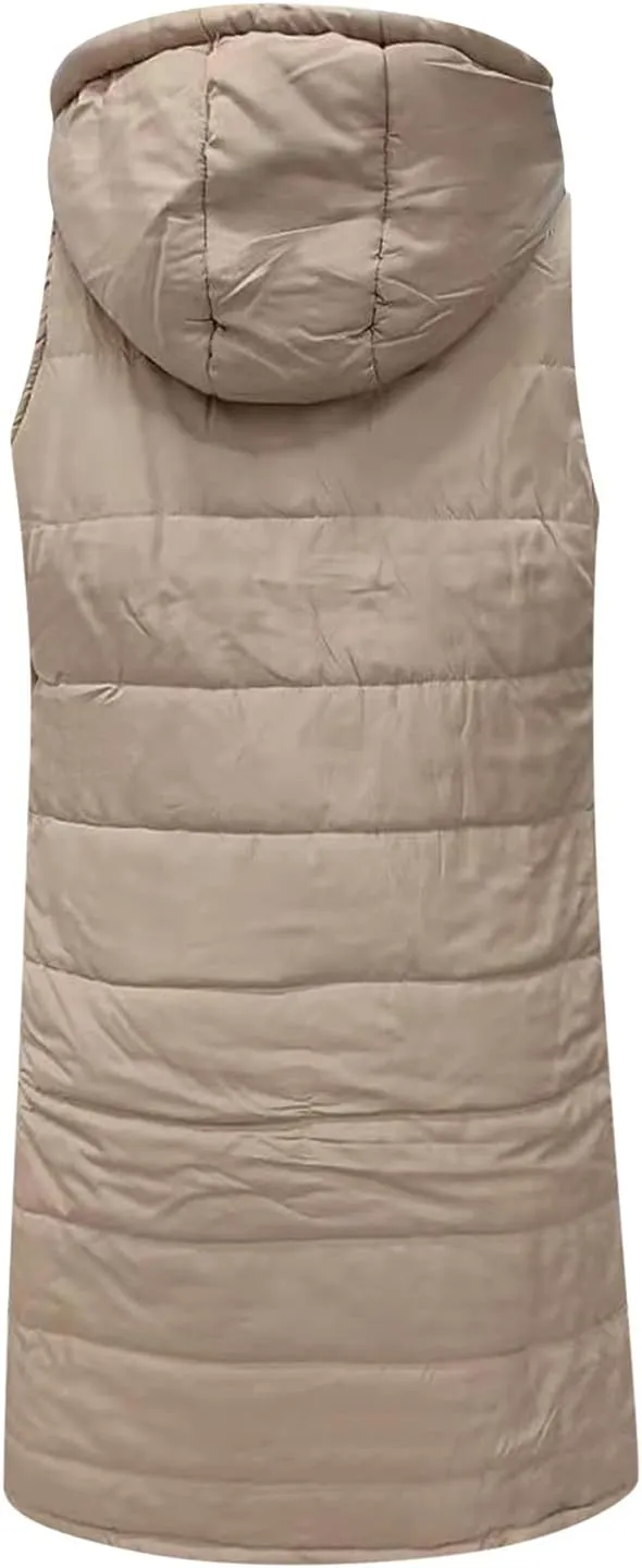Womens Long Down Puffer Vest with Hood Winter Quilted Hooded Long Vest Plus Size Warm Sleeveless Jacket Vest Winter