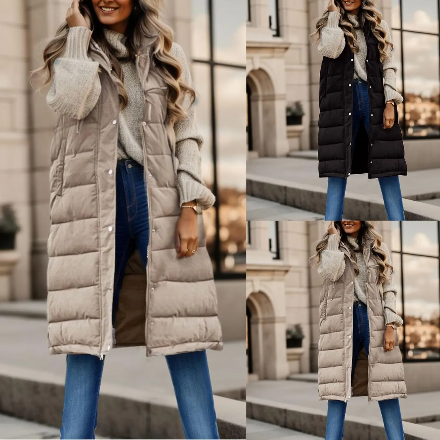 Womens Long Down Puffer Vest with Hood Winter Quilted Hooded Long Vest Plus Size Warm Sleeveless Jacket Vest Winter