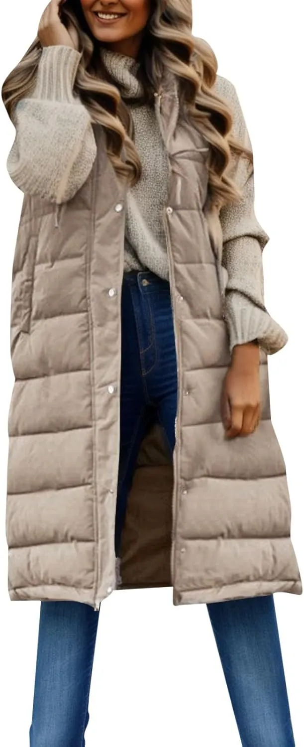 Womens Long Down Puffer Vest with Hood Winter Quilted Hooded Long Vest Plus Size Warm Sleeveless Jacket Vest Winter