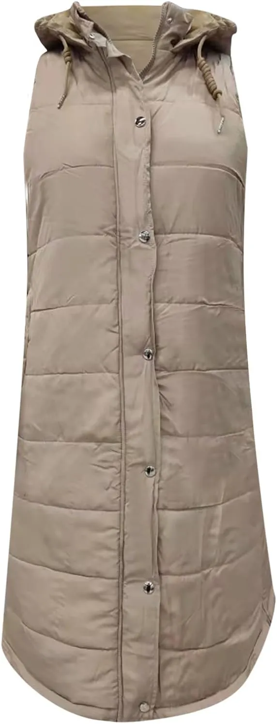 Womens Long Down Puffer Vest with Hood Winter Quilted Hooded Long Vest Plus Size Warm Sleeveless Jacket Vest Winter
