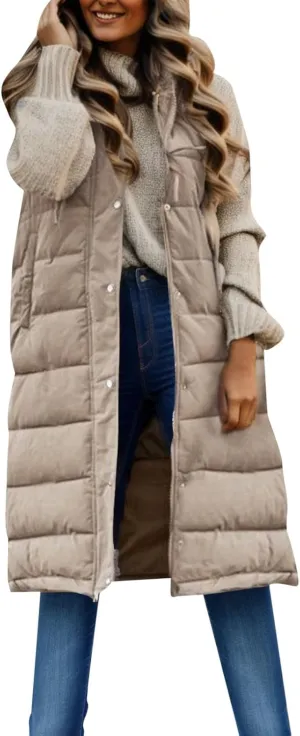 Womens Long Down Puffer Vest with Hood Winter Quilted Hooded Long Vest Plus Size Warm Sleeveless Jacket Vest Winter