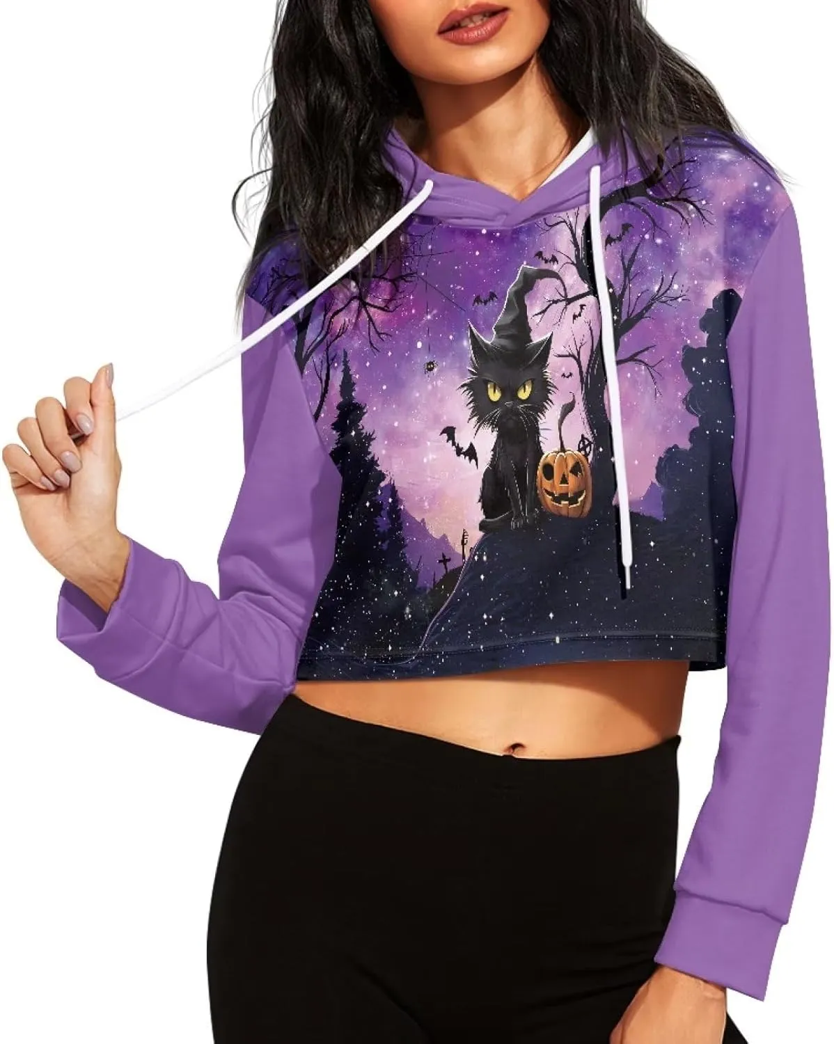 Womens Long Sleeve Crop Top Hoodies Drawstring Crop Top Sweatshirts for Teen Girls