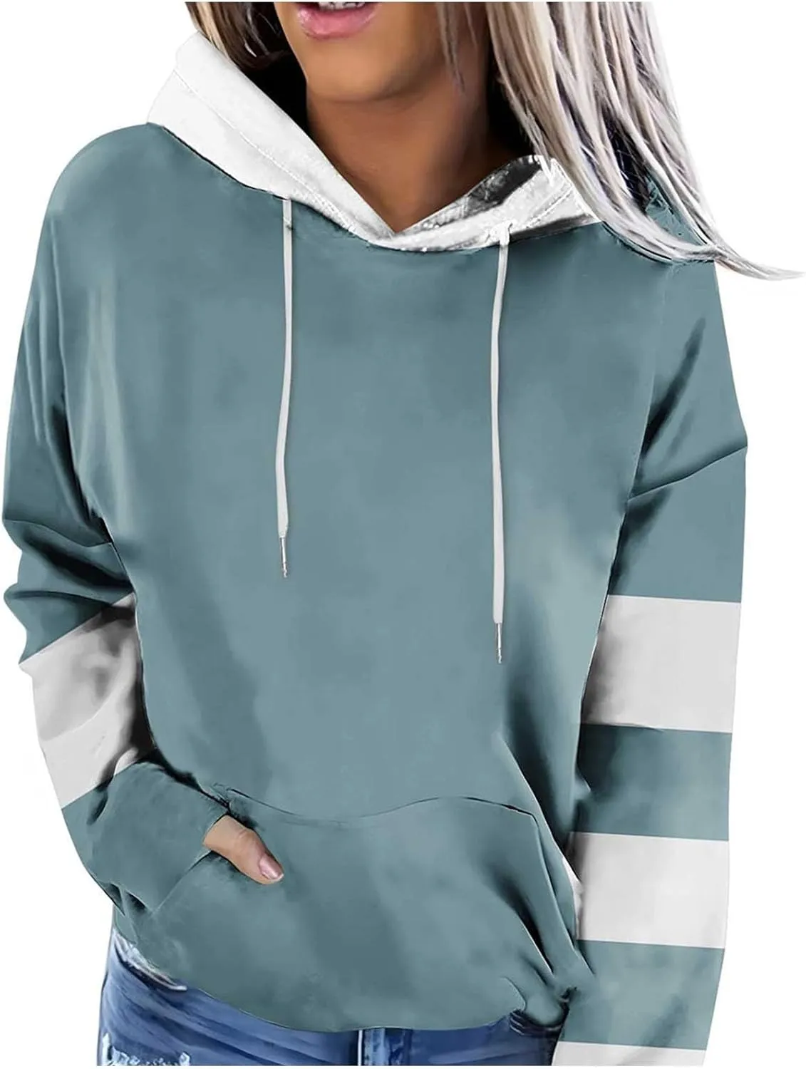 Women's Long sleeves Color Block Hoodie Tops Cute Casual Drawstring Loose Lightweight Tunic Pullover With Pockets