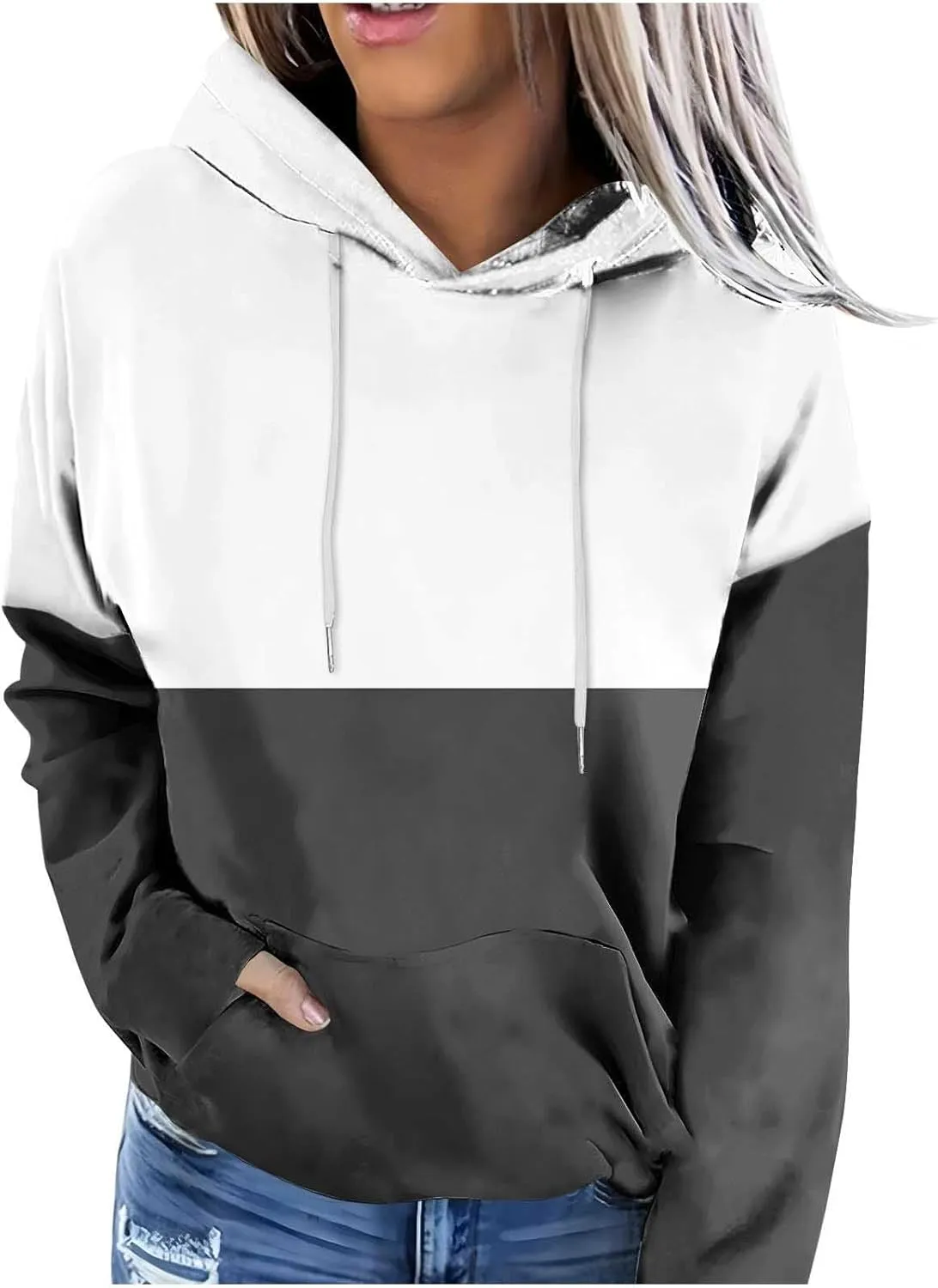 Women's Long sleeves Color Block Hoodie Tops Cute Casual Drawstring Loose Lightweight Tunic Pullover With Pockets