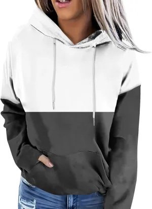 Women's Long sleeves Color Block Hoodie Tops Cute Casual Drawstring Loose Lightweight Tunic Pullover With Pockets