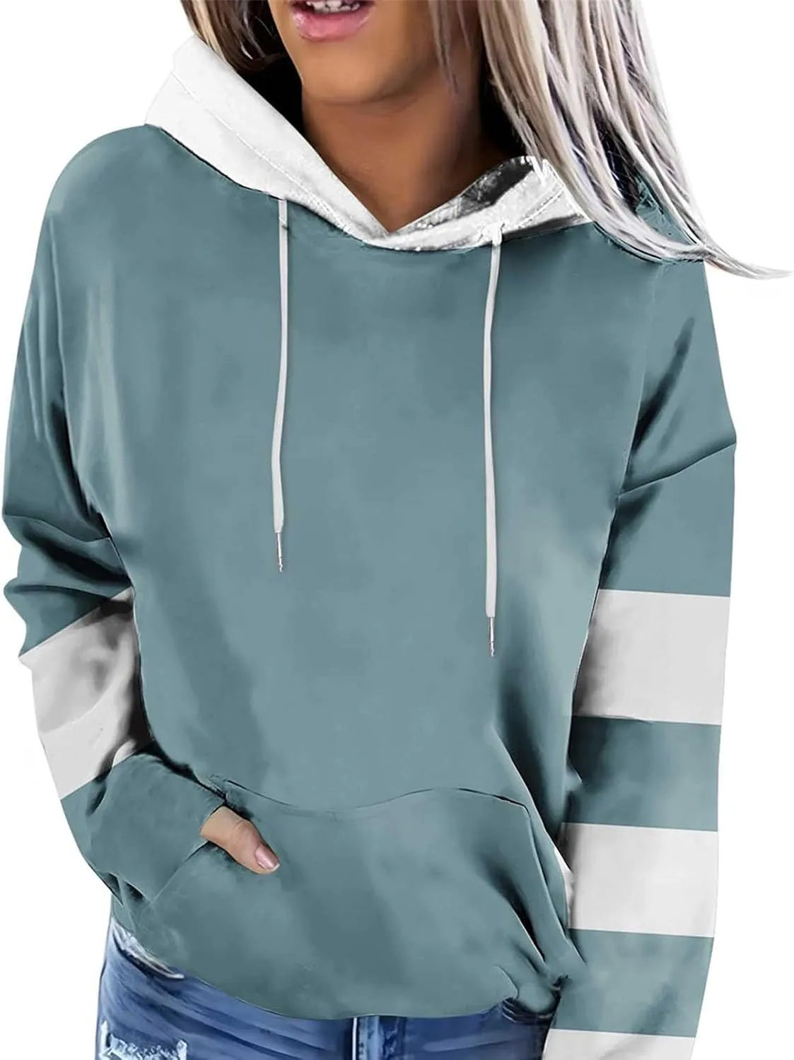 Women's Long sleeves Color Block Hoodie Tops Cute Casual Drawstring Loose Lightweight Tunic Pullover With Pockets