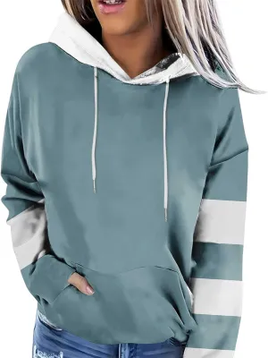 Women's Long sleeves Color Block Hoodie Tops Cute Casual Drawstring Loose Lightweight Tunic Pullover With Pockets