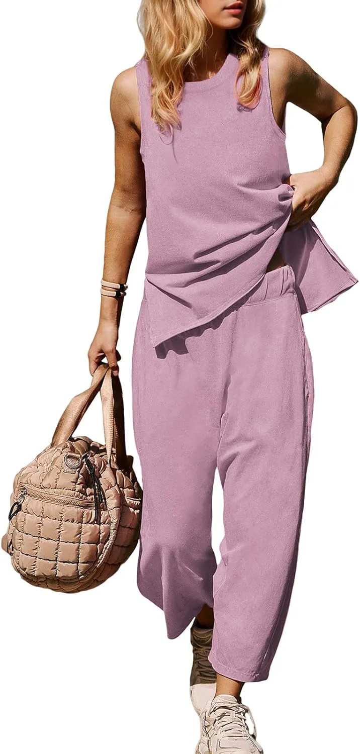 Womens Lounge Sets 2 Piece Outfits Summer Sleeveless Top and Wide Leg Pants Set Cotton Loungewear Tracksuit 2025