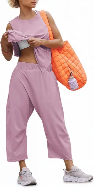 Womens Lounge Sets 2 Piece Outfits Summer Sleeveless Top and Wide Leg Pants Set Cotton Loungewear Tracksuit 2025