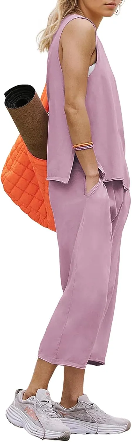 Womens Lounge Sets 2 Piece Outfits Summer Sleeveless Top and Wide Leg Pants Set Cotton Loungewear Tracksuit 2025