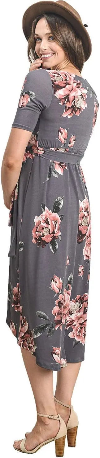 Women's Maternity Wrap Dress Midi Length with Waist Belt