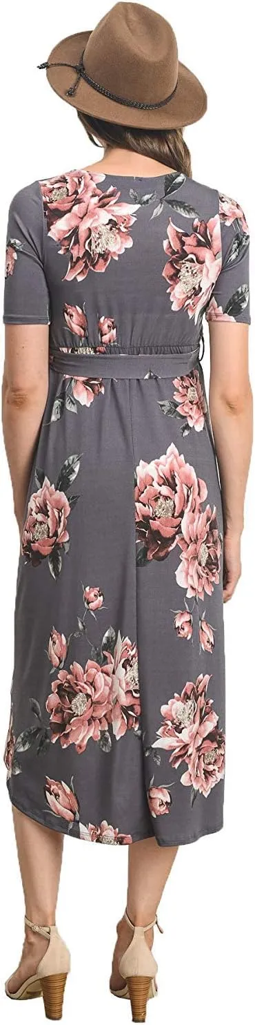 Women's Maternity Wrap Dress Midi Length with Waist Belt