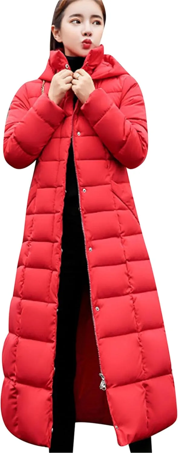 Women's Maxi Pockets Long Down Jacket Long Sleeve Padded Puffer Jacket Winter Belted Faux Fur Hood Coat