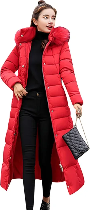 Women's Maxi Pockets Long Down Jacket Long Sleeve Padded Puffer Jacket Winter Belted Faux Fur Hood Coat
