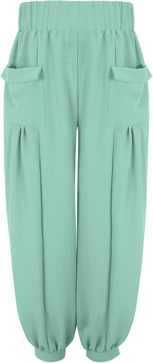 Womens Oversized Pleated Linen Pant Fashion Plus Size Wide Leg Smocked Waist Cuffed Trousers Work Lounge Casual Pants