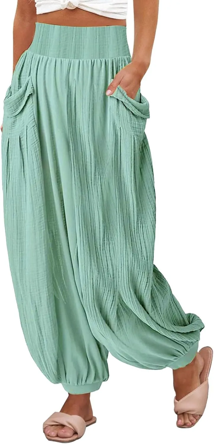 Womens Oversized Pleated Linen Pant Fashion Plus Size Wide Leg Smocked Waist Cuffed Trousers Work Lounge Casual Pants
