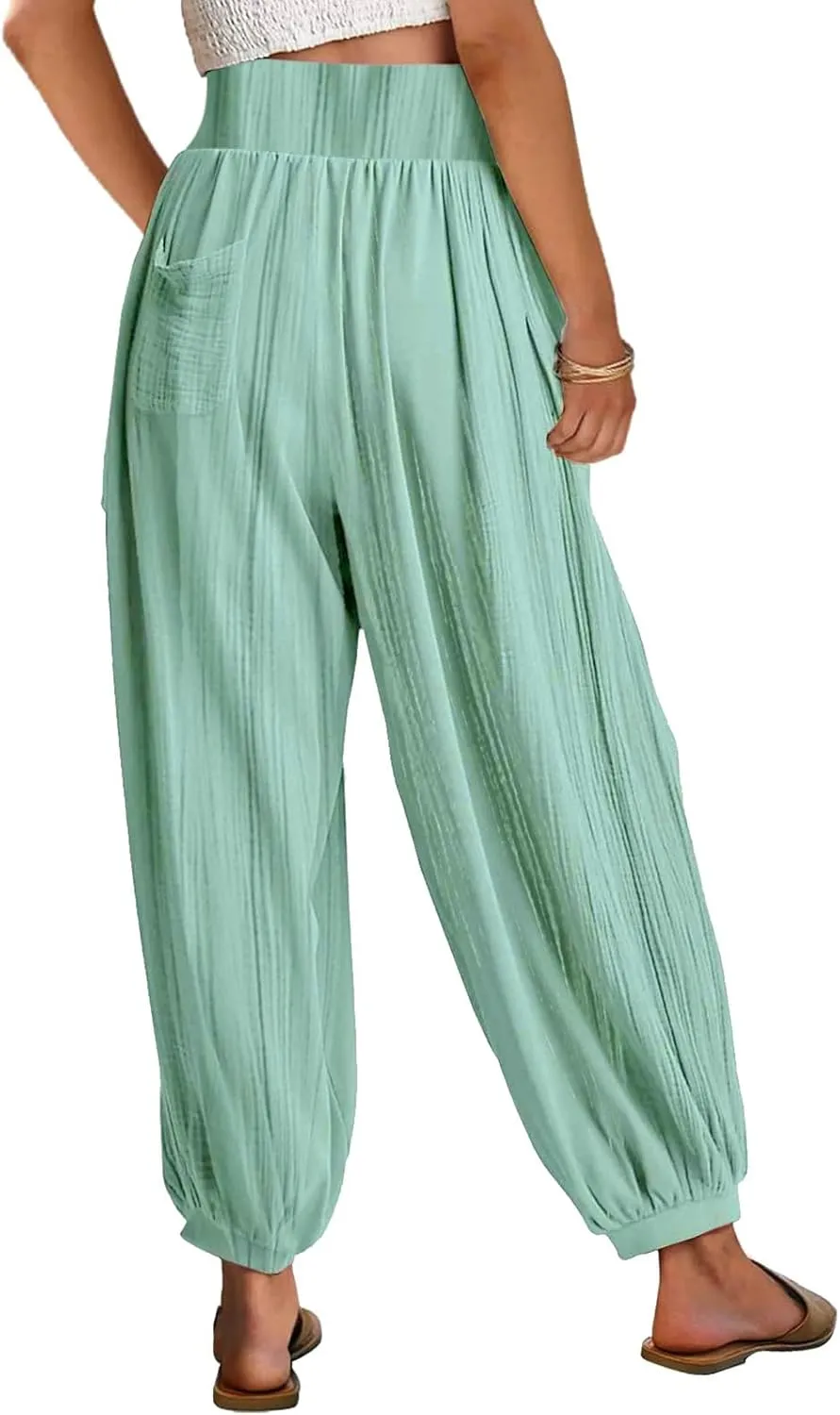 Womens Oversized Pleated Linen Pant Fashion Plus Size Wide Leg Smocked Waist Cuffed Trousers Work Lounge Casual Pants