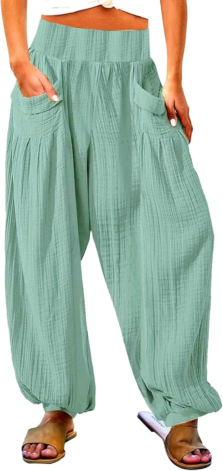 Womens Oversized Pleated Linen Pant Fashion Plus Size Wide Leg Smocked Waist Cuffed Trousers Work Lounge Casual Pants